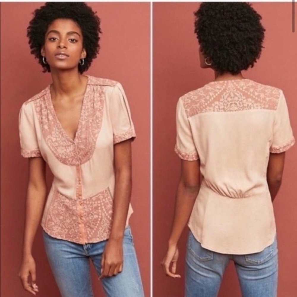❤️Tiny for Anthropologie Talia Peach Lace Trim Blouse XS - Picture 2 of 11